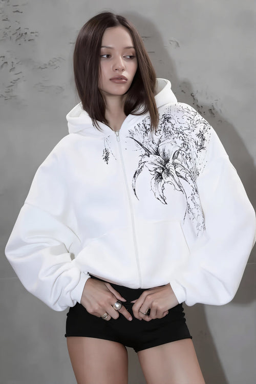 Floral Print Fleece Zip Up Hoodie