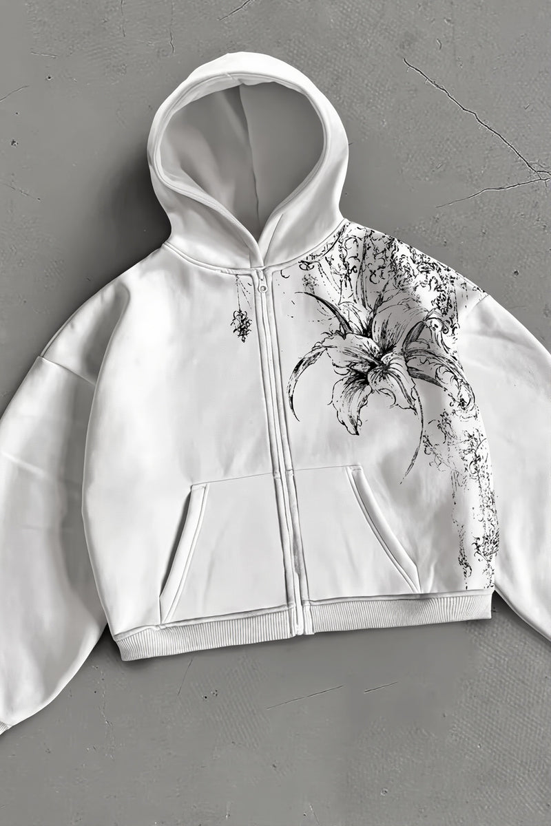 Floral Print Fleece Zip Up Hoodie
