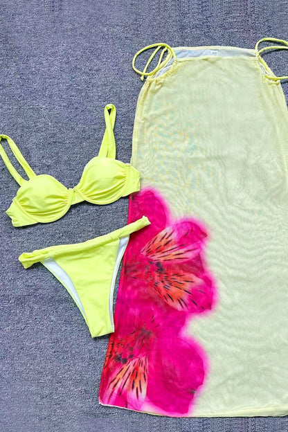 Floral Print Mesh Maxi Three Piece Swim Sets