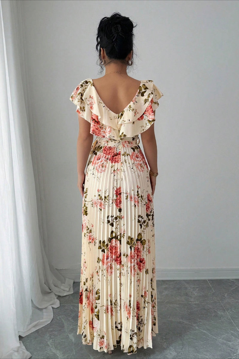 Floral Print Ruffle Sleeve V Neck Pleated Elegant Maxi Dress