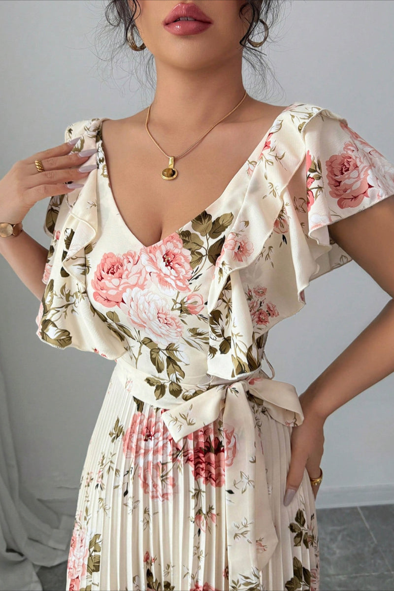 Floral Print Ruffle Sleeve V Neck Pleated Elegant Maxi Dress