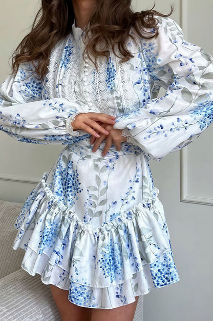 Floral Print Stand Collar Puff Sleeve Ruffle Maxi Dress