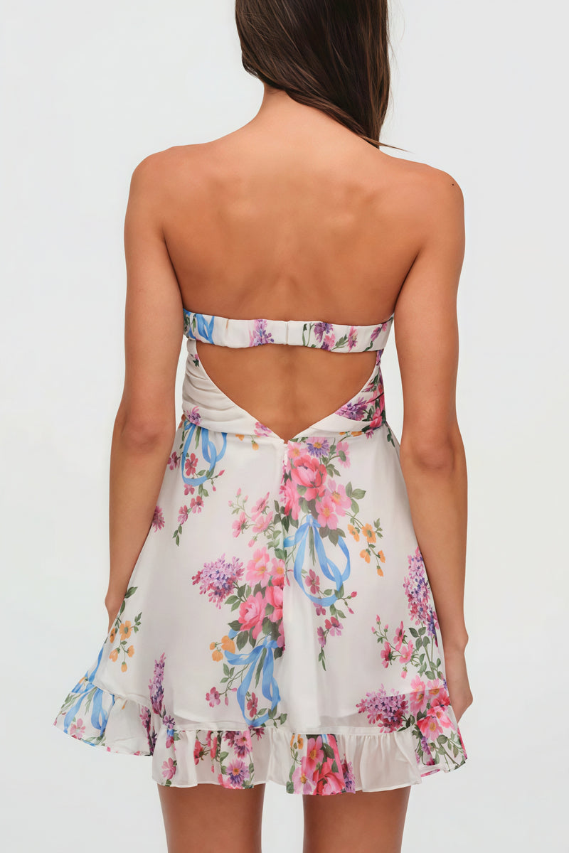 Floral Print Strapless A Line Dress