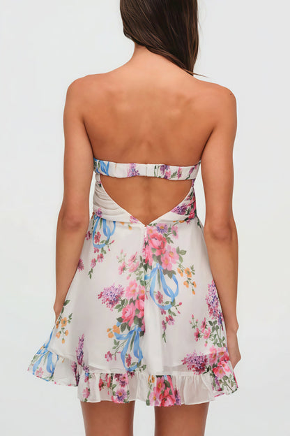 Floral Print Strapless A Line Dress