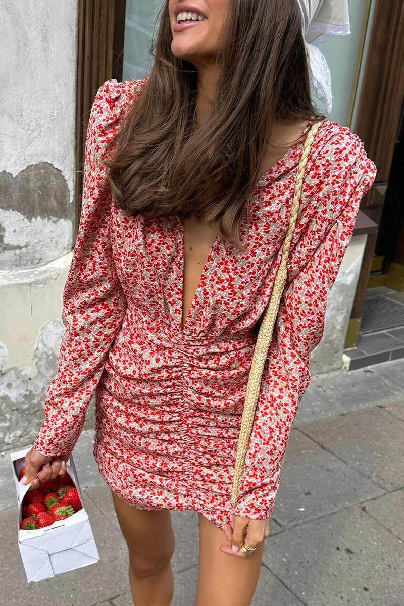 Floral Ruched Long Sleeve Mini Dress