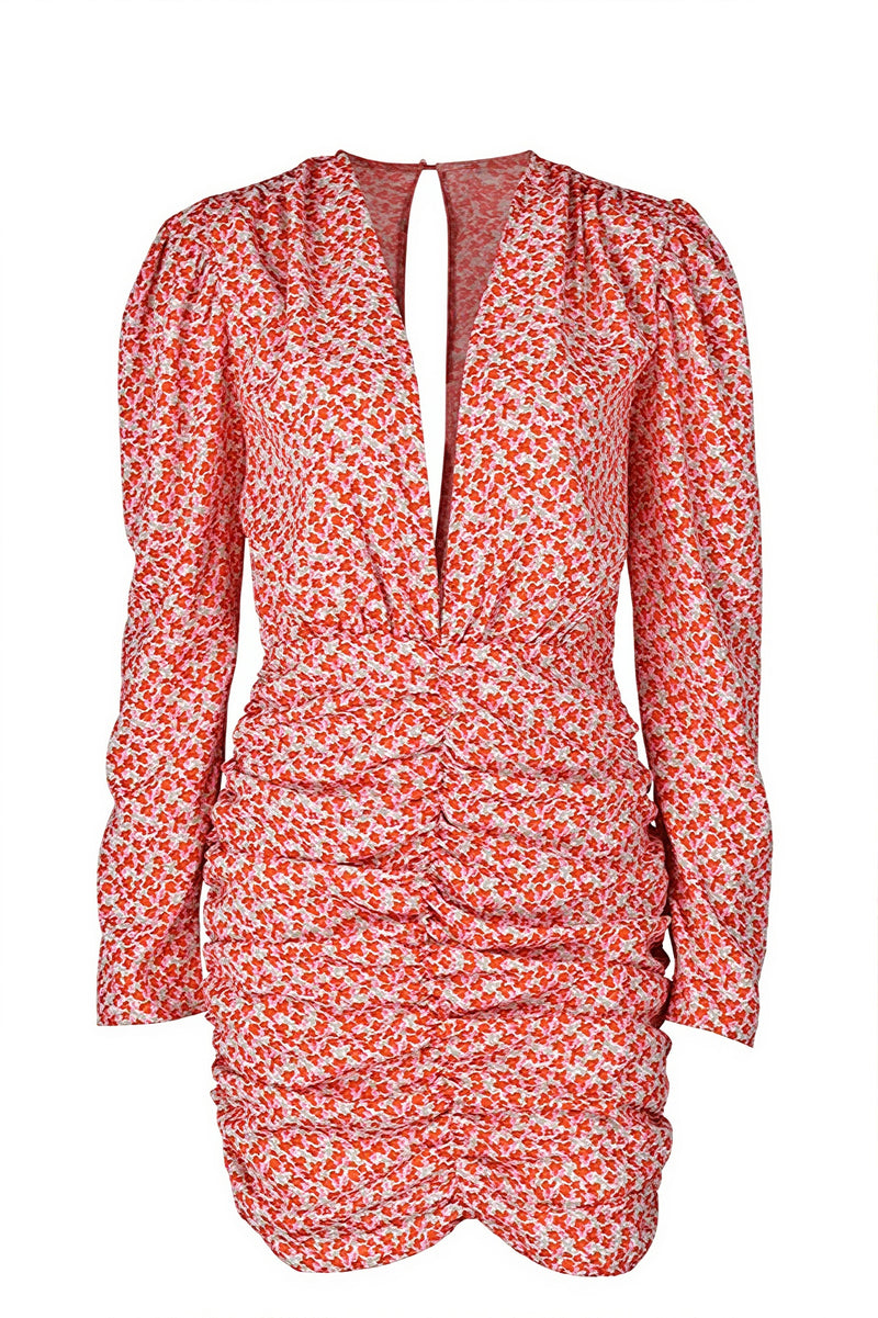Floral Ruched Long Sleeve Mini Dress