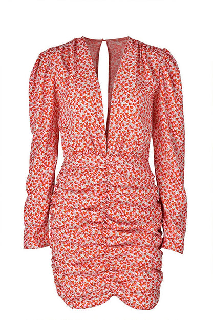 Floral Ruched Long Sleeve Mini Dress