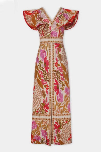 Floral Ruffle Slit Back V Boho Dress
