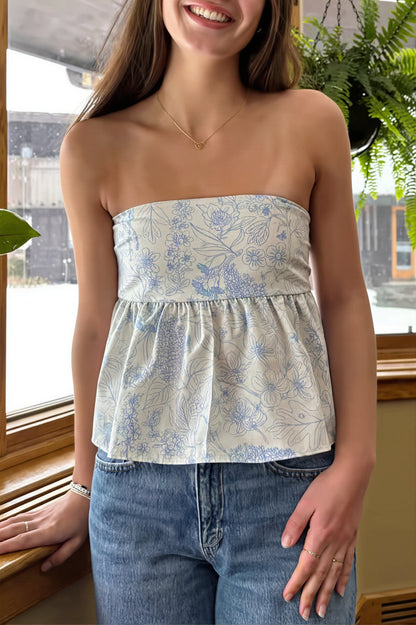Floral Ruffle Strapless Cropped Blouse