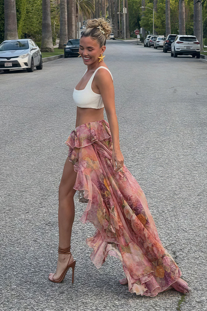 Floral Ruffled Asymmetrical Layered Skirt