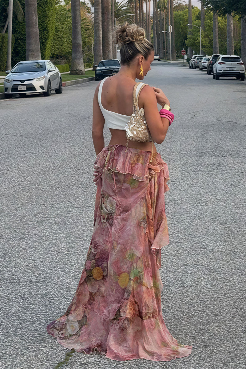 Floral Ruffled Asymmetrical Layered Skirt