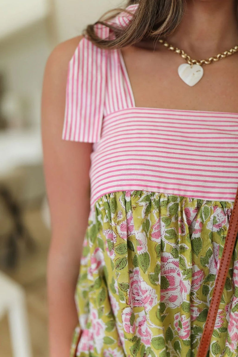 Floral Stripe Patchwork Mini Boho Dress