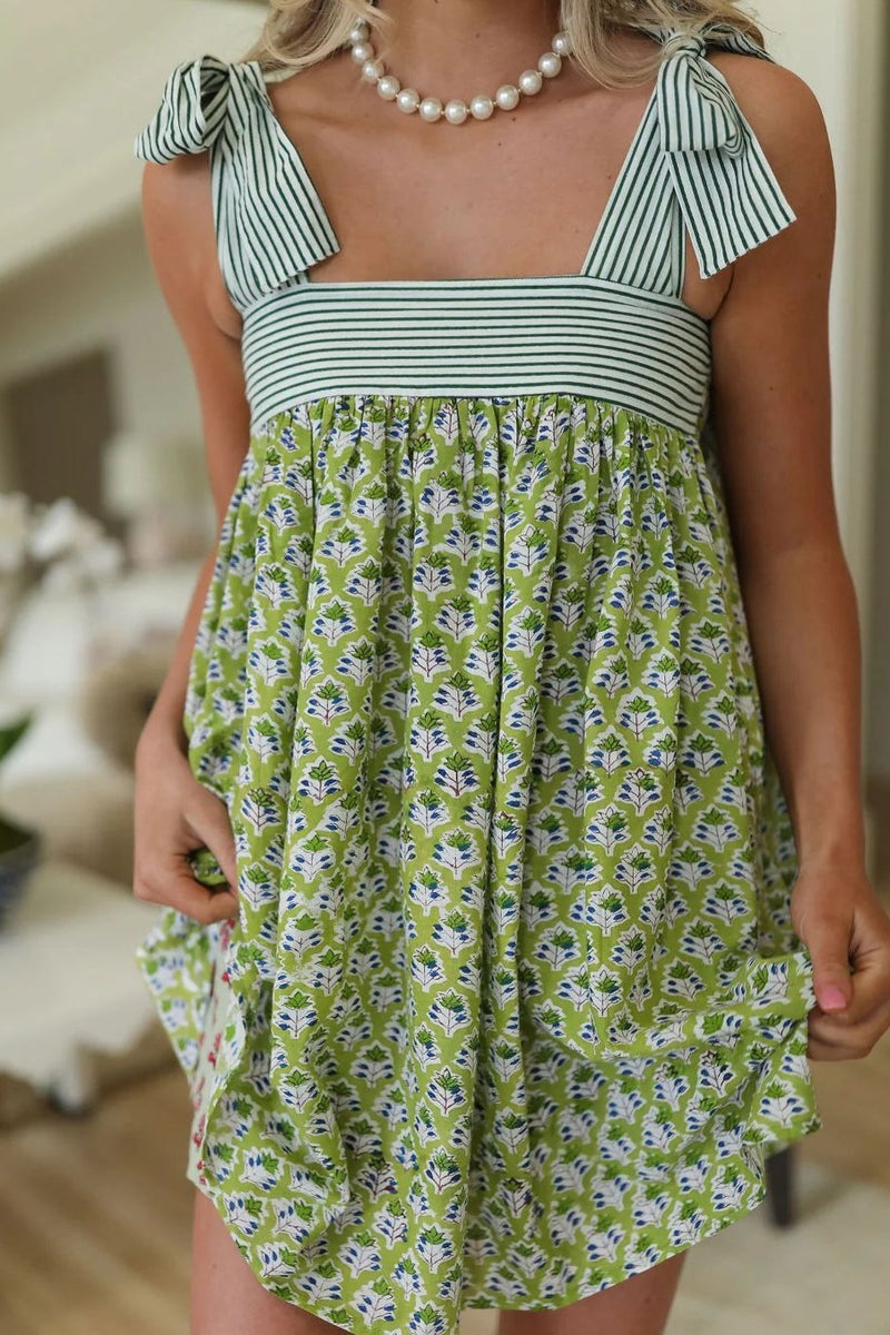 Floral Stripe Patchwork Mini Boho Dress