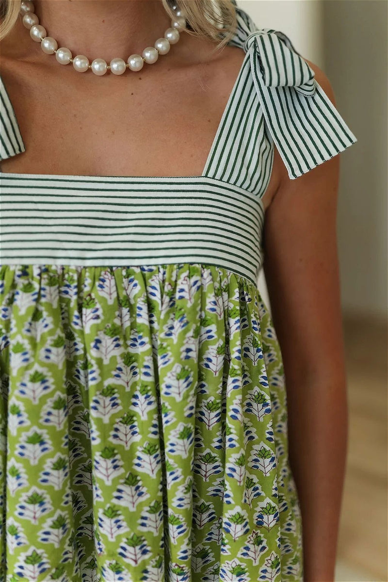 Floral Stripe Patchwork Mini Boho Dress