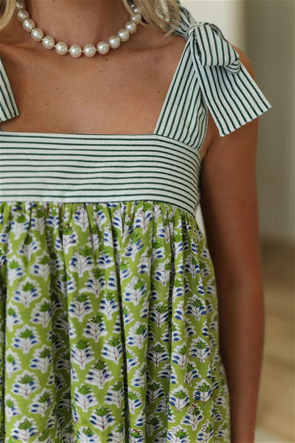 Floral Stripe Patchwork Mini Boho Dress