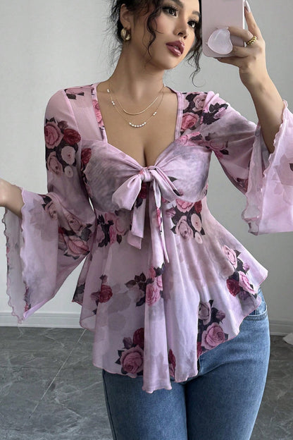 Floral Tie Dye Square Neck Tie Long Sleeve Blouse