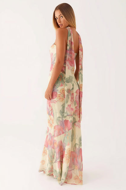 Floral Tie Fishtail Vacation Maxi Dress