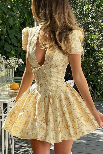 Floral V Neck Ruched Mini Dress
