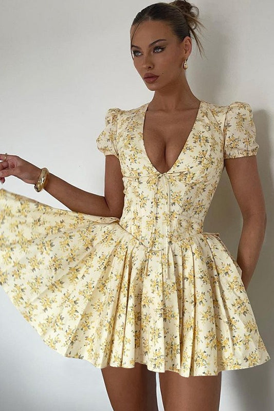 Floral V Neck Ruched Mini Dress