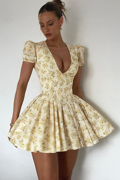 Floral V Neck Ruched Mini Dress