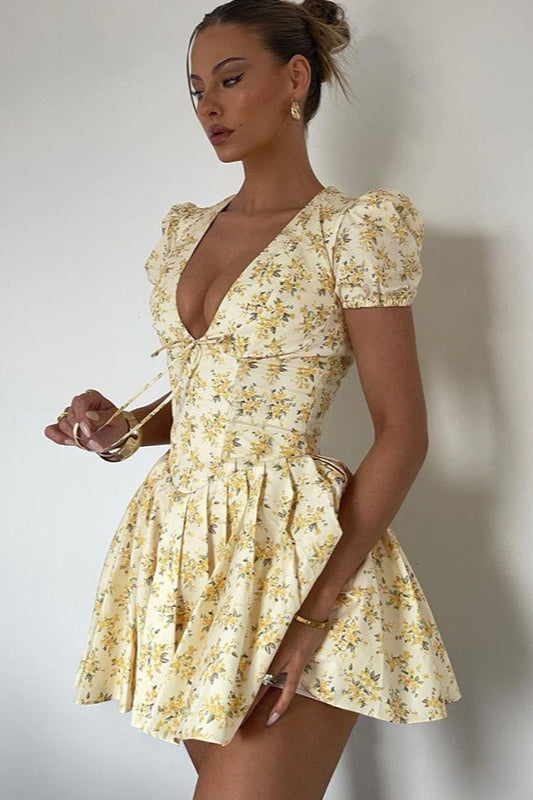Floral V Neck Ruched Mini Dress