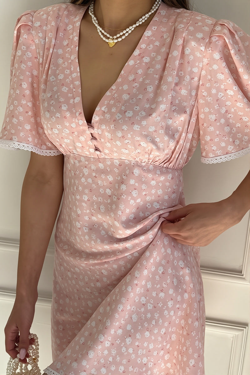 Floral V Neck Tea Length A Line Mini Dress