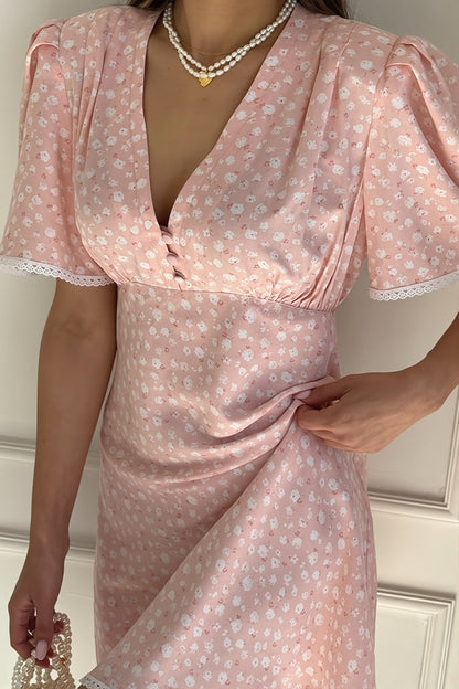 Floral V Neck Tea Length A Line Mini Dress
