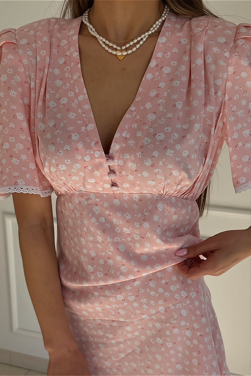 Floral V Neck Tea Length A Line Mini Dress