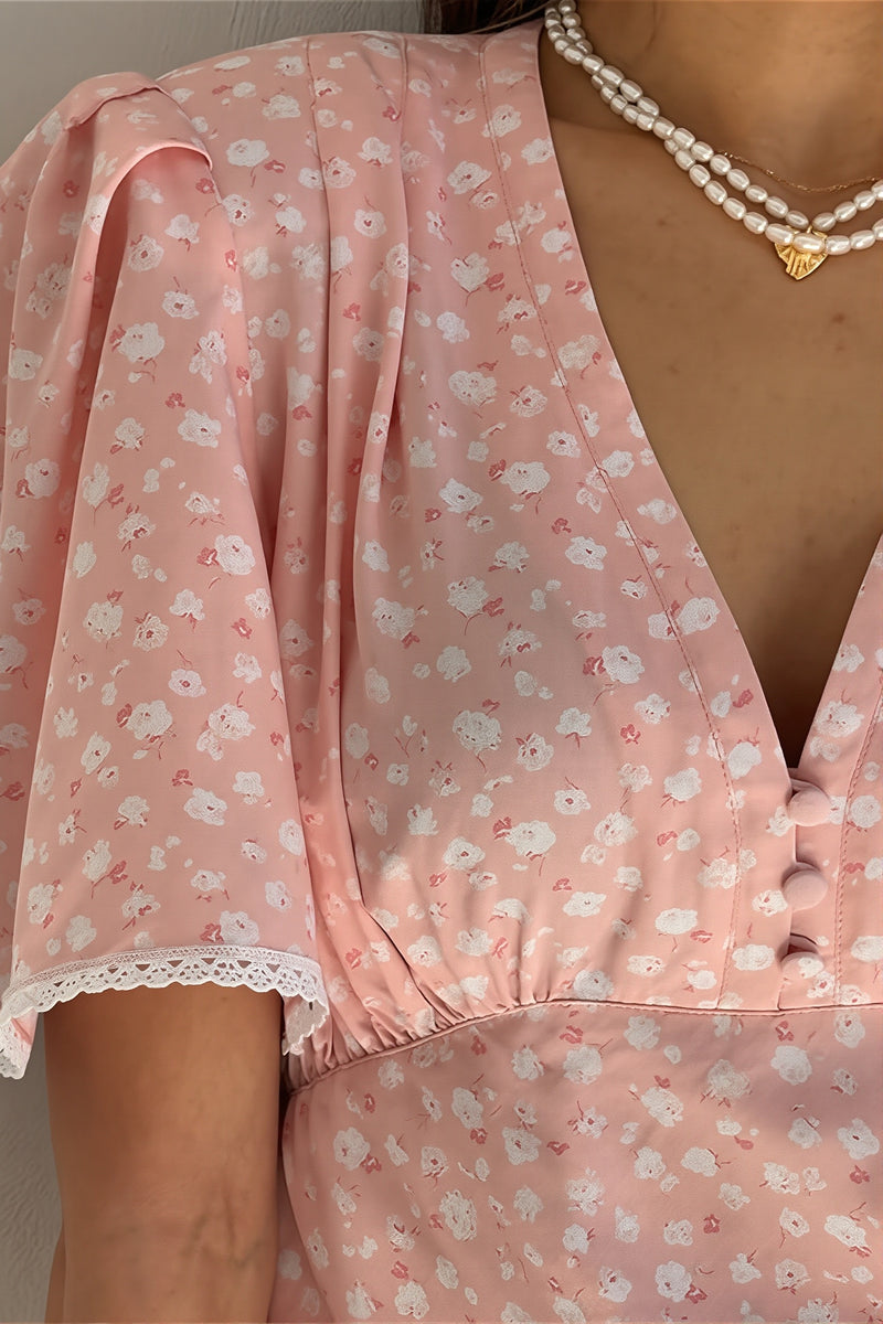 Floral V Neck Tea Length A Line Mini Dress