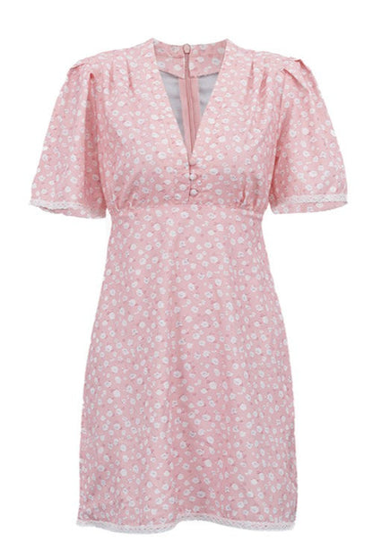 Floral V Neck Tea Length A Line Mini Dress