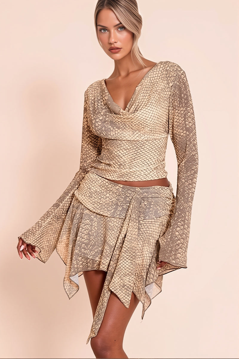 Flowy Snake Print Tie Detail Skirt Set