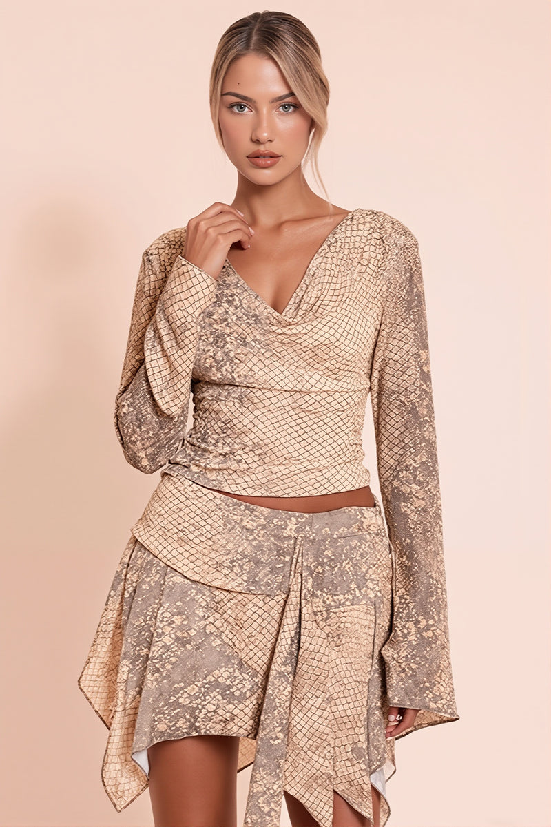 Flowy Snake Print Tie Detail Skirt Set