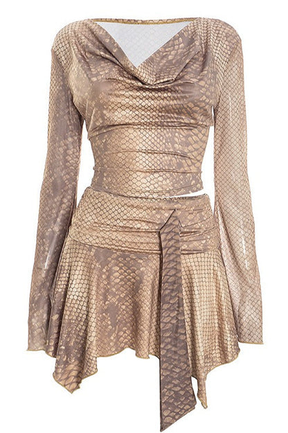 Flowy Snake Print Tie Detail Skirt Set