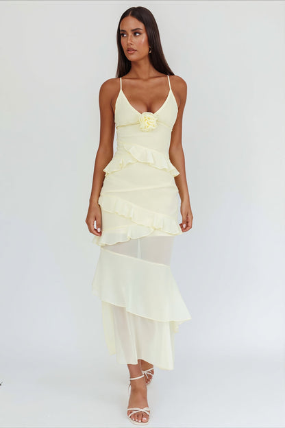 Flowy Solid Ruffle Slim Cami Maxi Dress