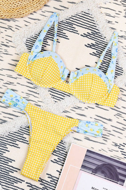 Fresh Floral Plaid Patchwork Bikini Set