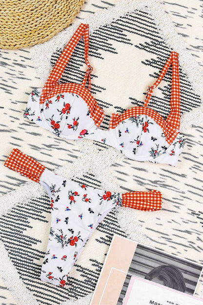 Fresh Floral Plaid Patchwork Bikini Set