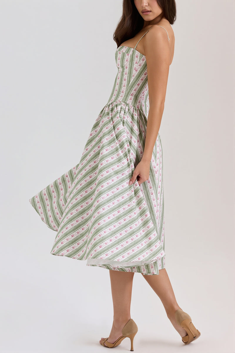 Fresh Floral Striped Cami Midi Dress