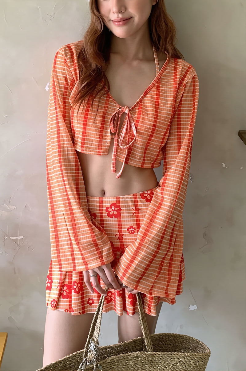 Fresh Orange Plaid Floral Bikini Set
