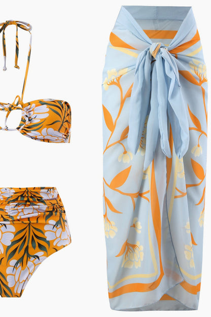 Fresh Print Long Skirt Three Piece Swim Set