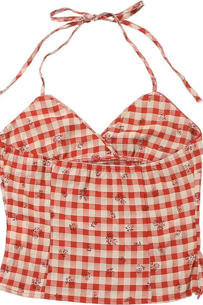 Fresh Red Plaid Backless Halter Top