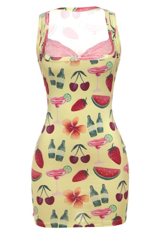 Fruit Print Lace Splice Mini Dress