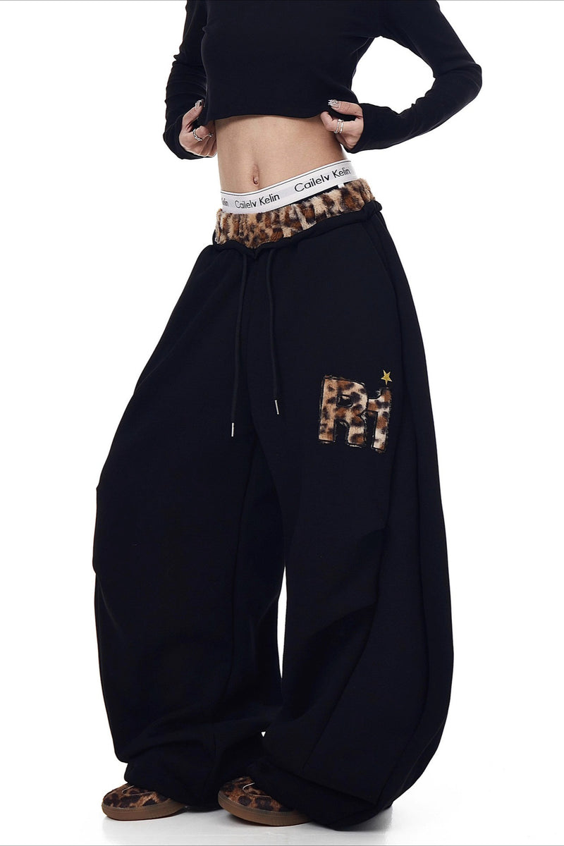 Fuzzy Leopard Patchwork Sweat Pants