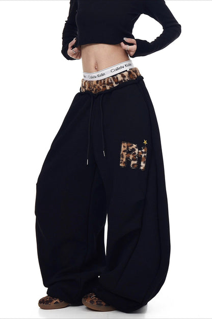 Fuzzy Leopard Patchwork Sweat Pants