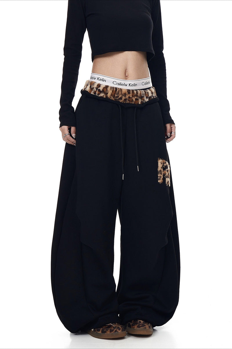 Fuzzy Leopard Patchwork Sweat Pants