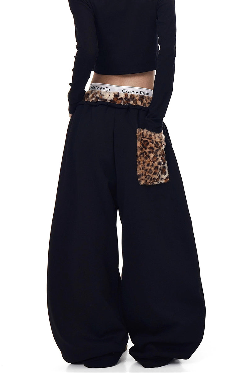 Fuzzy Leopard Patchwork Sweat Pants