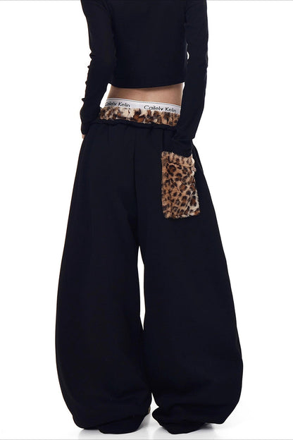 Fuzzy Leopard Patchwork Sweat Pants