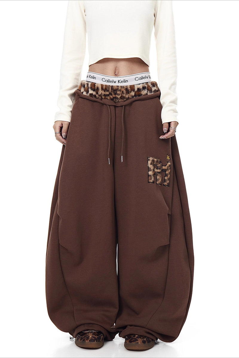 Fuzzy Leopard Patchwork Sweat Pants