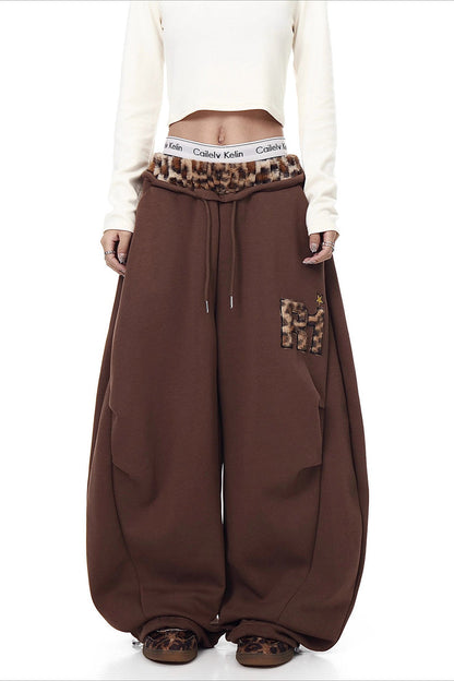 Fuzzy Leopard Patchwork Sweat Pants