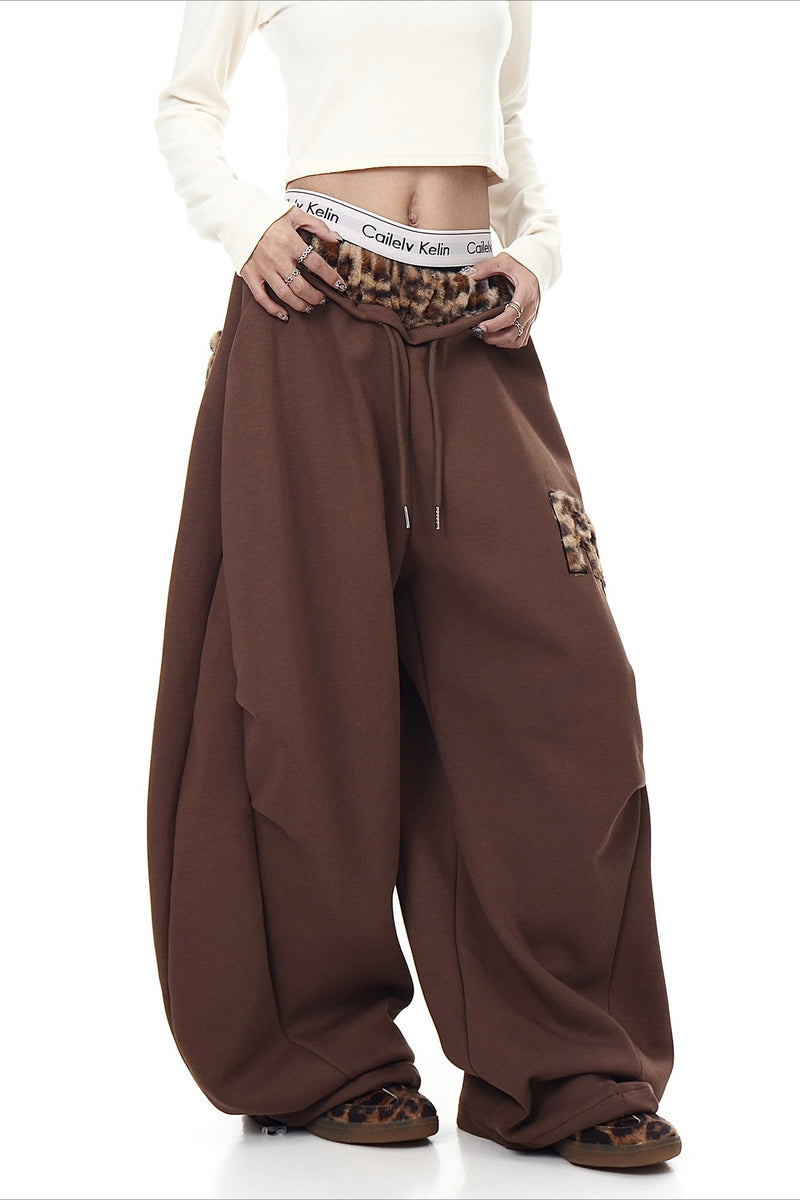 Fuzzy Leopard Patchwork Sweat Pants