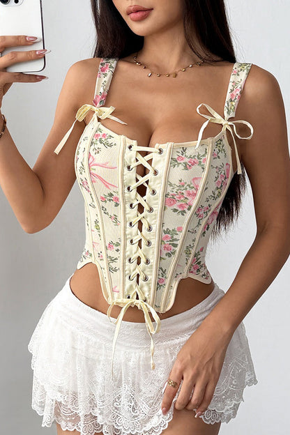 Garden Floral Print Bone Tie Bow Cami Top